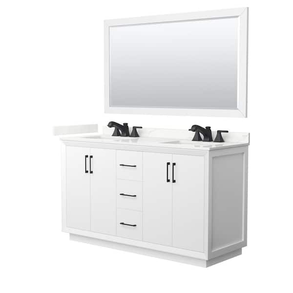 Wyndham Collection Strada 60 in. W x 22 in. D x 35 in. H Double Bath Vanity in White with Giotto Quartz Top and 58 in. Mirror