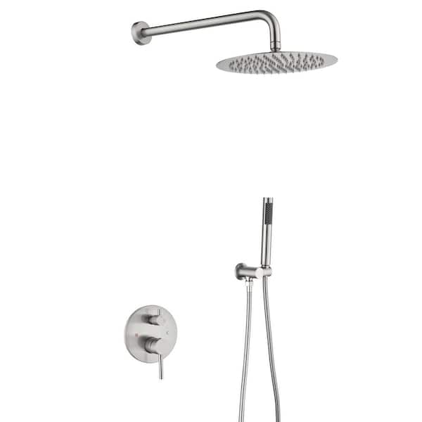Fapully Single Handle 2-Spray Shower Faucet 1.5 GPM with Drip Free with in Brushed Nickel Rainfall Round 10 in. Shower System