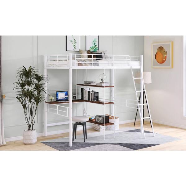 Clihome Twin Size Metal White Loft Bed With Built In Desk And Shelves Ladder Cl Wmk2853 The Home Depot