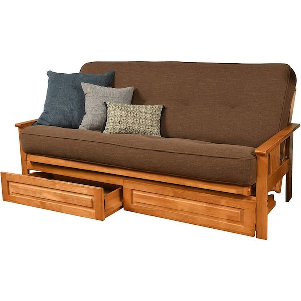 79 in. Butternut/Linen Cocoa Linen Upholstered Full Size Futon Set with Mattress and Storage Drawers