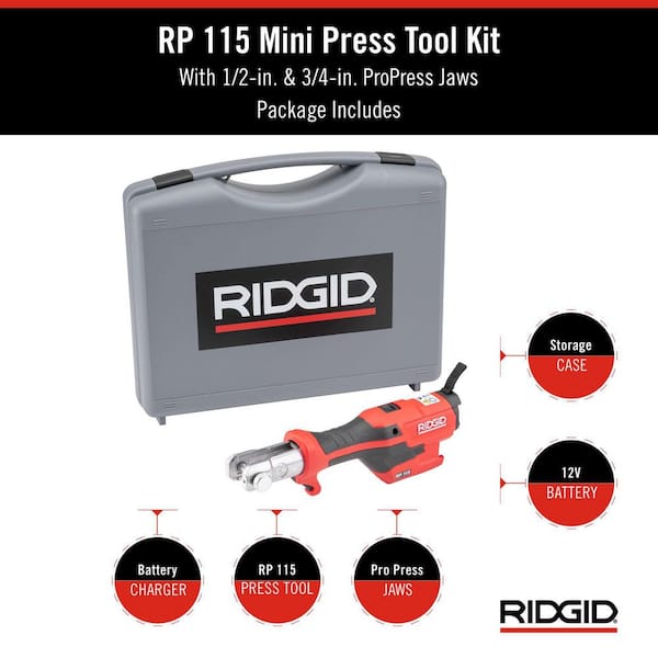 Ridgid RP 115 Mini Press Tool Battery Kit with Propress Jaws 1/2in-3/4in  72553 - Acme Tools