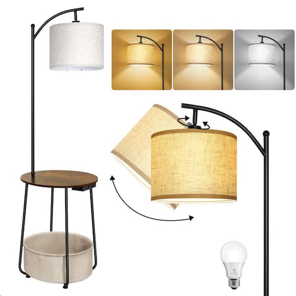 62 in. Rustic Walnut Modern 1-Light Dimmable Arc Floor Lamp for Living Room w/ Fabric Drum Shade w/ USB Port and Storage