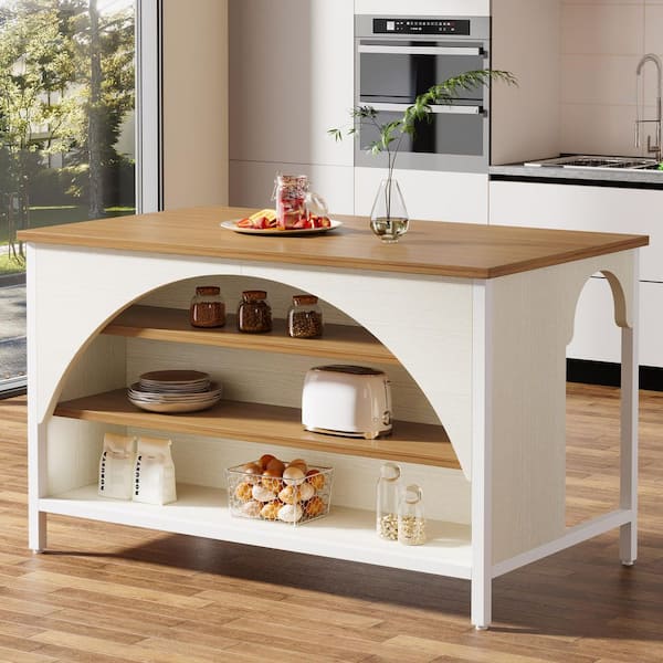 GOGEXX White MDF Wood 54 in. W Farmhouse Kitchen Island with Power