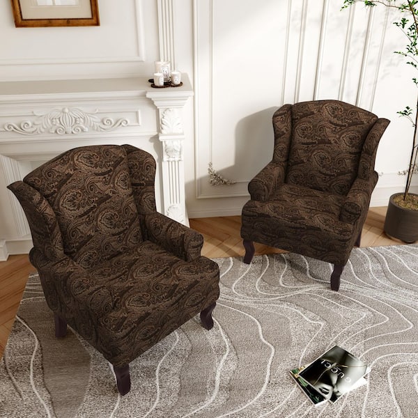 Cranberry Linen Wood Legs Upholstered Accent Arm Chair with Wingback (Set of 2)