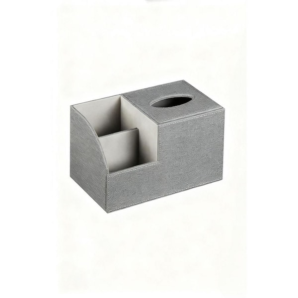 Gray Leather Square Tissue Box Cover with Storage Compartments and Magnetic Lid