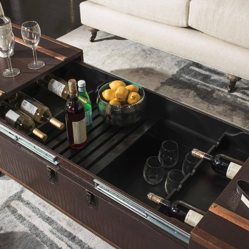 Transitional Mix Walnut and Brass Storage Trunk Coffee Table