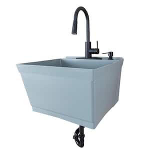 23.5 in. x 22.88 in. Grey Thermoplastic Wall Mounted Utility Sink with Matte Black Finish Pull-down Sprayer Faucet