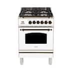 24 in. 2.4 cu. ft. Single Oven Dual Fuel Italian Range with True Convection, 4 Burners, Bronze Trim in White