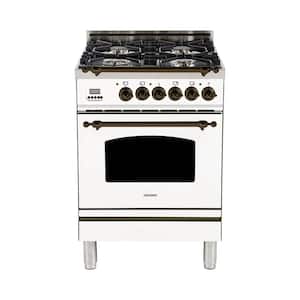24 in. 2.4 cu. ft. Single Oven Dual Fuel Italian Range with True Convection, 4 Burners, Bronze Trim in White