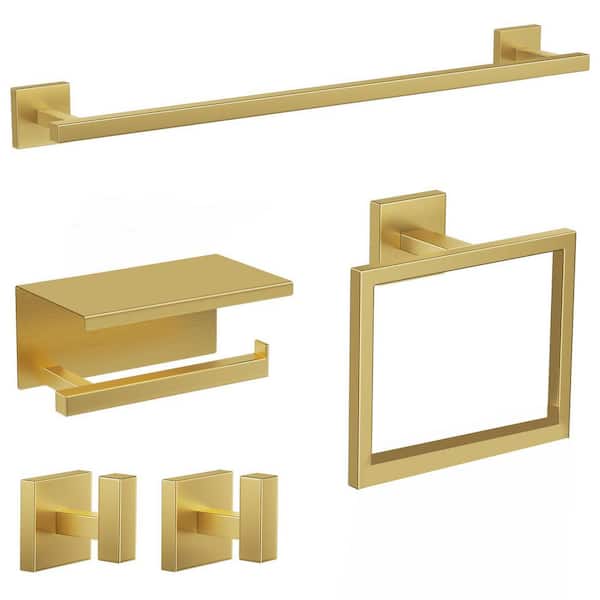 5-Piece Bathroom Hardware Set with Towel Bar, Towel Ring, Toilet Paper Holder, Coat Hooks in Brushed Gold