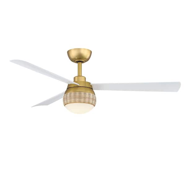 Paget 52 in. Indoor/Outdoor Brushed Satin Brass Ceiling Fan with Matte White Blades and LED Light Kit