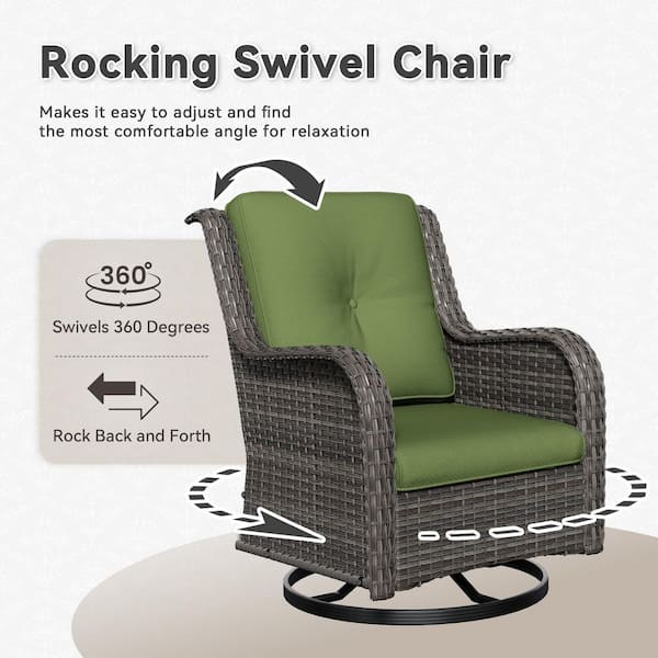 6-Piece Wicker Outdoor Sectional Set with Ottomans, Swivel Rocking Chair and Green Cushions