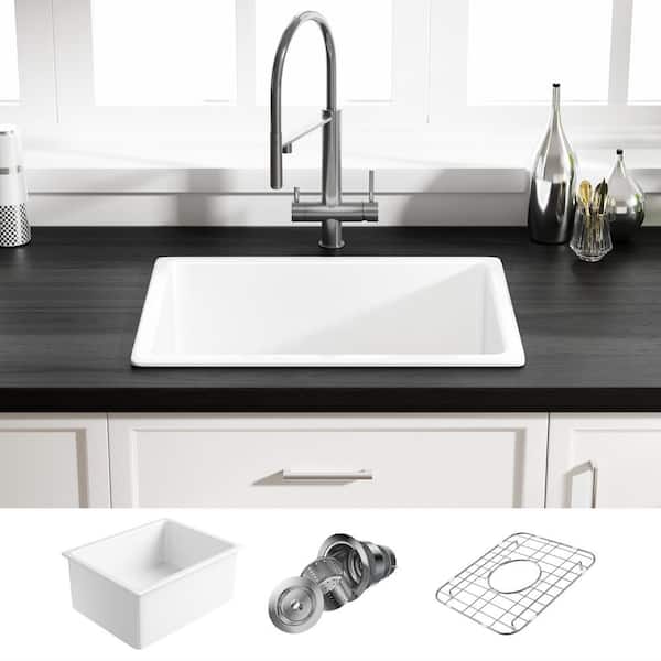 Eridanus Oslo 24 in. Undermount Single Bowl White Ceramic Kitchen Sink with Botton Grid and Basket Strainer