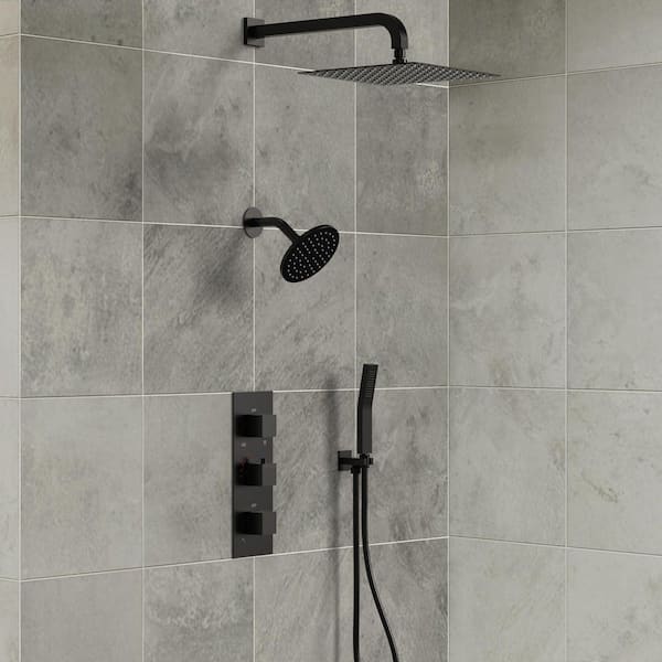 5-Spray Square 12 in. Rain Wall Mount Shower System with 6 in. Shower Head Handheld shower in Matte Black 2.5 GPM