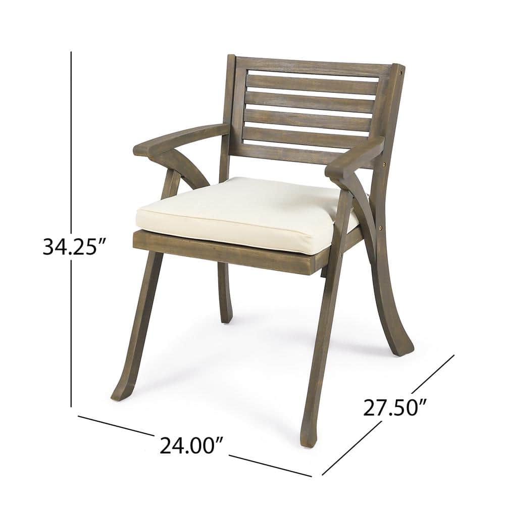 Gray Acacia Wood Outdoor Dining Armchair with Cream Cushions