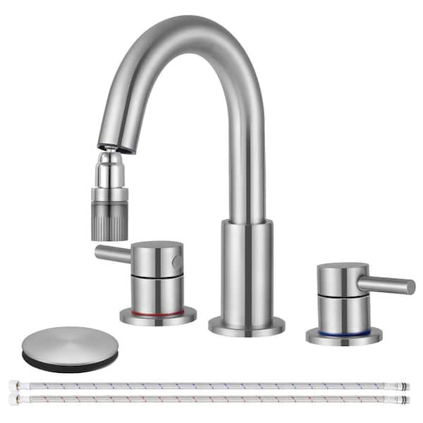 Double Handles 8 in. Widespread Bathroom Sink Faucet 3-Hole with Pull Out Sprayer with Pop-Up Drain in Brushed Nickel