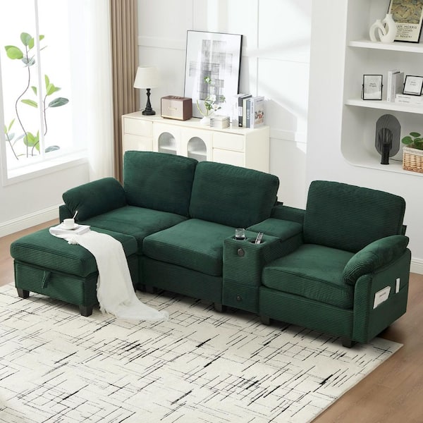 Gillian 104.72 in. Corduroy Rectangle Sectional Sofa in Emerald with Cup Holders, USB Ports, Storage Box,Movable Ottoman