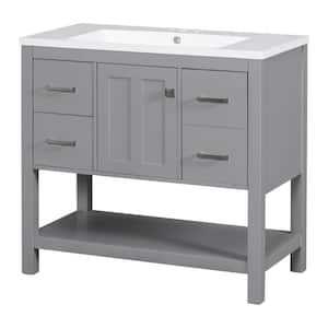 36 in. W Single Sink Freestanding Bath Vanity in Gray with White Ceramic Sink Top