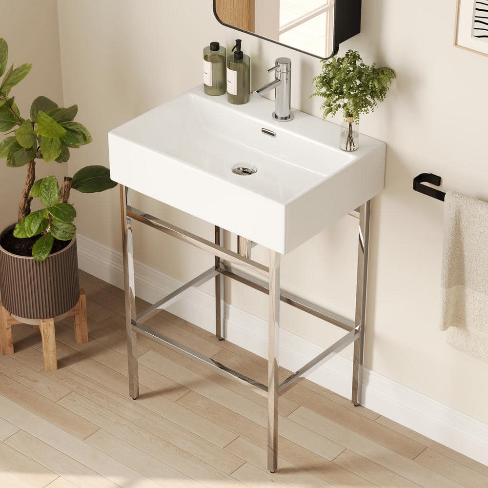 Silver Ceramic Wall-Mount Console Bathroom Sink with Stainless Steel Bracket