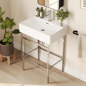 24 in. L x 17 in. W Ceramic Rectangular Bathroom Console Sink in White with Silver Legs and Overflow