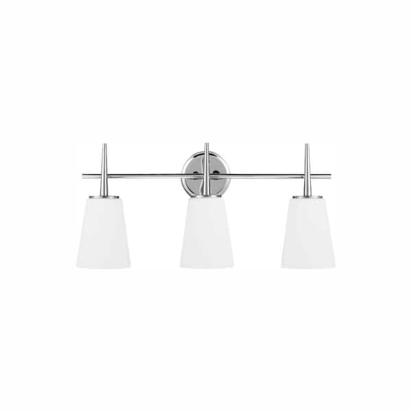 Generation Lighting Driscoll 24.5 in. 3-Light Contemporary Modern Chrome Wall Bathroom Vanity Light with White Glass Shades and LED Bulbs