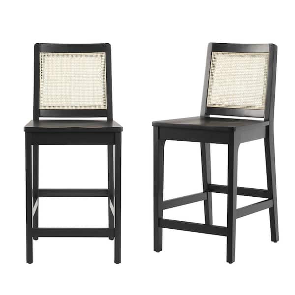 Boho 24 in. Black High Back Solid Wood Counter Stool with Wood Seat, Set of 2