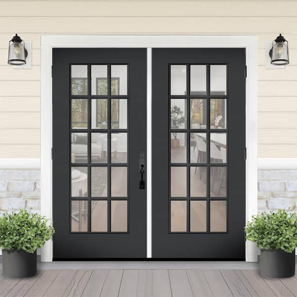 Reliant 72 in. x 80 in. FullLite 15L-SDL Clear Glass RHOS Black Finish Fiberglass Double Prehung Front Door w/6in. Jamb