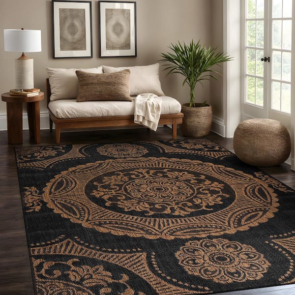 Beverly Rug Waikiki Gold/Black 10 ft. x 14 ft. Medallion Indoor