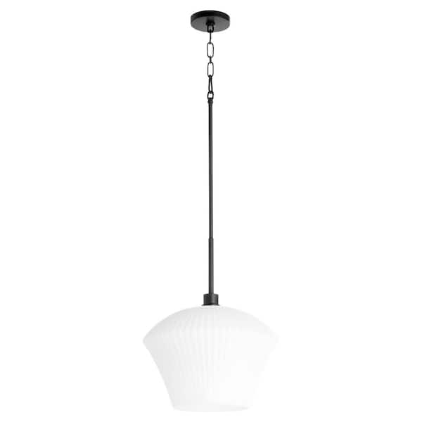 Quorum CASSINI 15 in. 1-Light 100-Watt Pendant Light with Gloss Opal Glass Matte Black