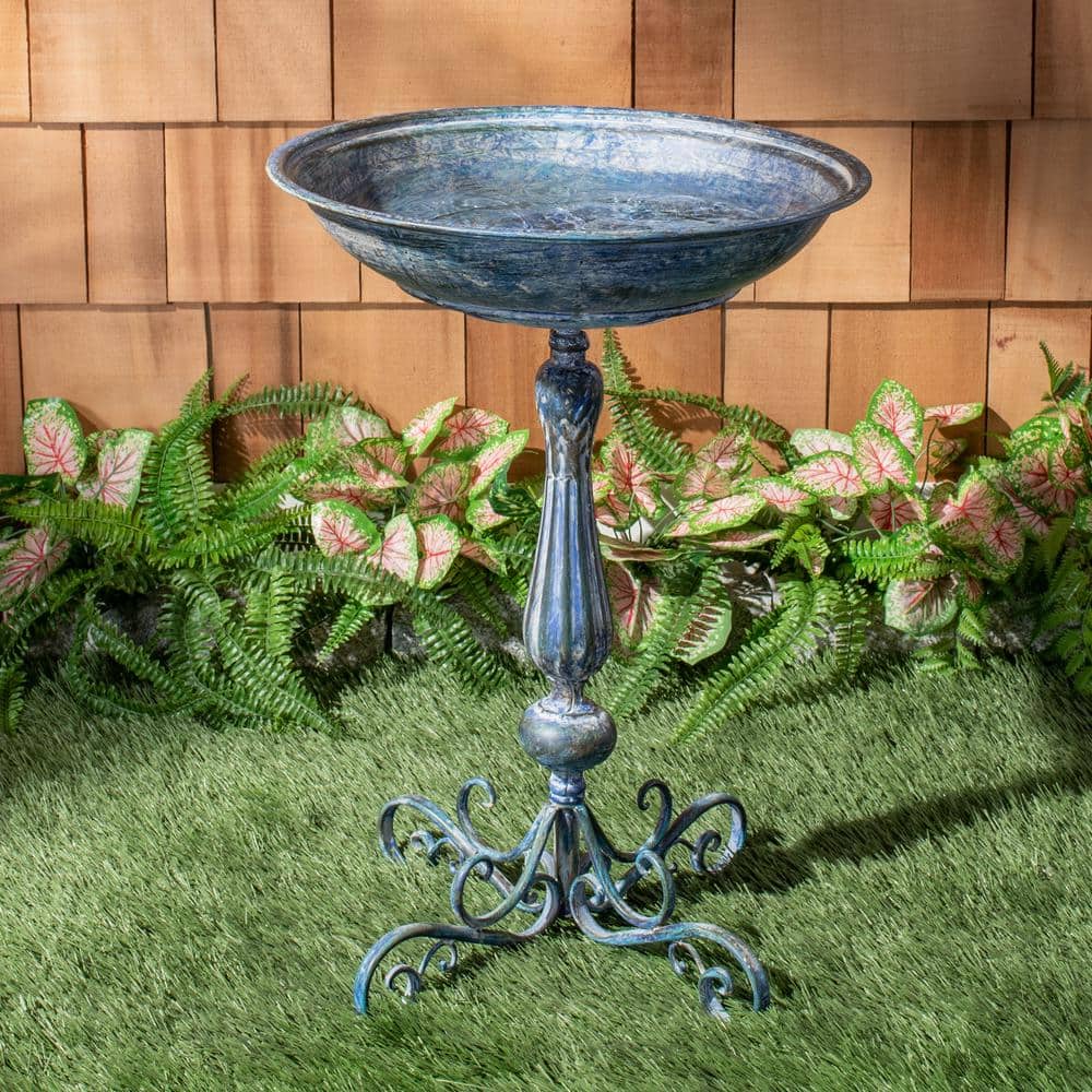 Victorian Mossy Blue Iron Birdbath with Scrollwork