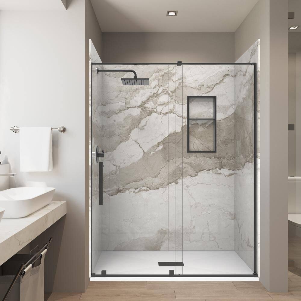 Italian Beige 32in.x 60in.x 84in. Combo Solid Composite Stone Alcove Shower Kit Matching Black Matte Door, Niche & Drain price history on PriceWatchPro