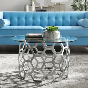 Shaffer 32 in. Silver Medium Round Glass Coffee Table with Glass Top