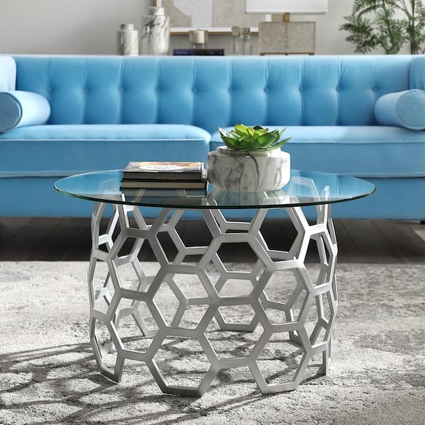 Silver Medium Round Glass Coffee Table, Sophia Modern Stainless Steel And Glass Coffee Table