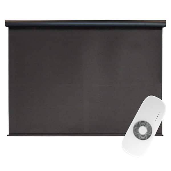 Moonstone Dark Brown Motorized Outdoor Patio Roller Shade with Valance 72 in. W x 96 in. L