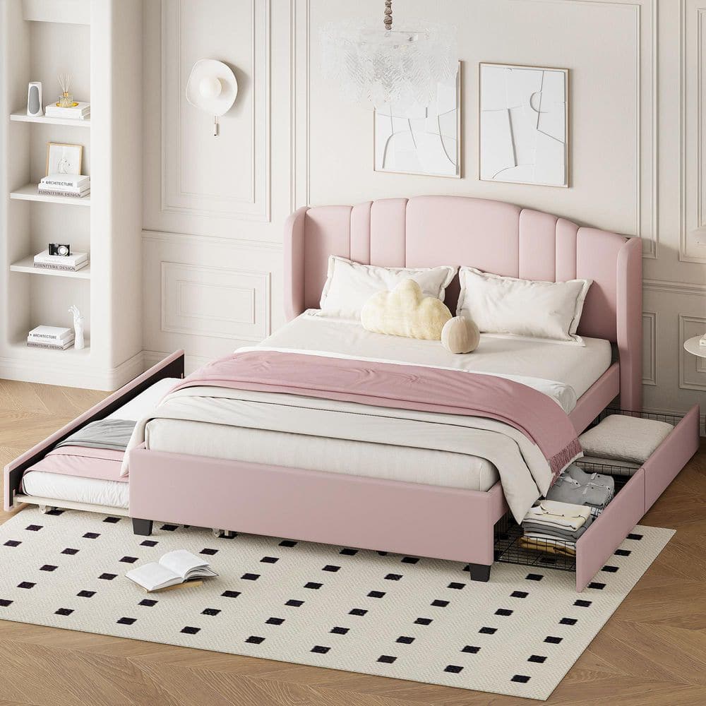 Avery Modern Pink Upholstered Linen Wood Frame Queen Platform Bed with Wingback Headboard, Twin Trundle, Storage Drawers price history on PriceWatchPro