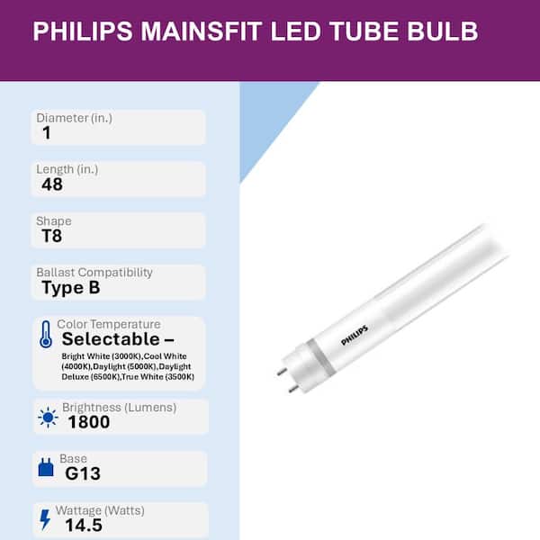 32-Watt Equivalent 4 ft. T8 Type B Ballast Bypass Direct Wire Tube Selectable White LED Linear Light Bulb (10-Pack)