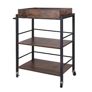 26 in. x16 in. x 34 in. Tray Top Wooden Kitchen Cart with 2 Shelves and Casters, Brown