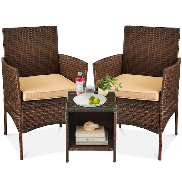 Best Choice Products 3-Piece Outdoor Wicker Conversation Patio Bistro Set, w/ 2-Chairs, Table, Cushions - Brown/Tan