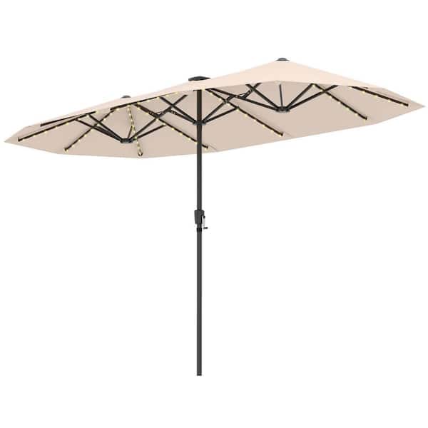 13 ft. Metal Market Solar Large Patio Umbrella with LED Solar Lights Crank Handle 12-Heavy Duty Ribs in Beige