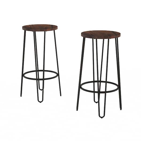 Lavish Home Modern Farmhouse Counter Height Bar Stools, 29.5 in. Kitchen Stools with Dark Walnut Wood Seat and Metal Legs (Set of 2)