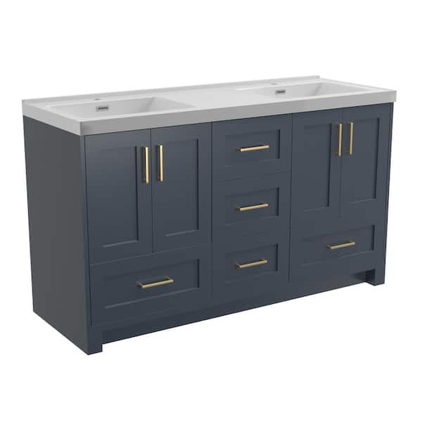 Zeafive 60 in. W. x 22 in. D x 35.5 in. H Freestanding Double Sink Bath Vanity Cabinet in Navy Blue with White Solid Surface Top