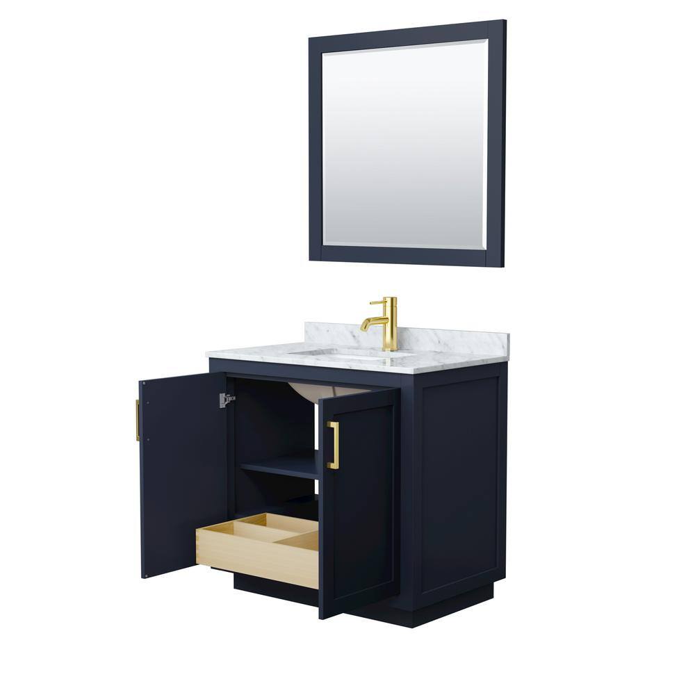 Miranda 36" Dark Blue Single Bathroom Vanity with White Carrara Marble Top and Brushed Gold Trim
