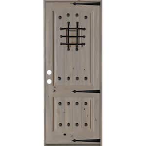 32 in. x 96 in. Mediterranean Knotty Alder Arch Top 2 Panel Right-Hand/Inswing Grey Stain Wood Prehung Front Door