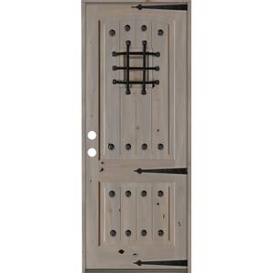 48 in. x 96 in. Mediterranean Knotty Alder Arch Top 2 Panel Right-Hand/Inswing Grey Stain Wood Prehung Front Door