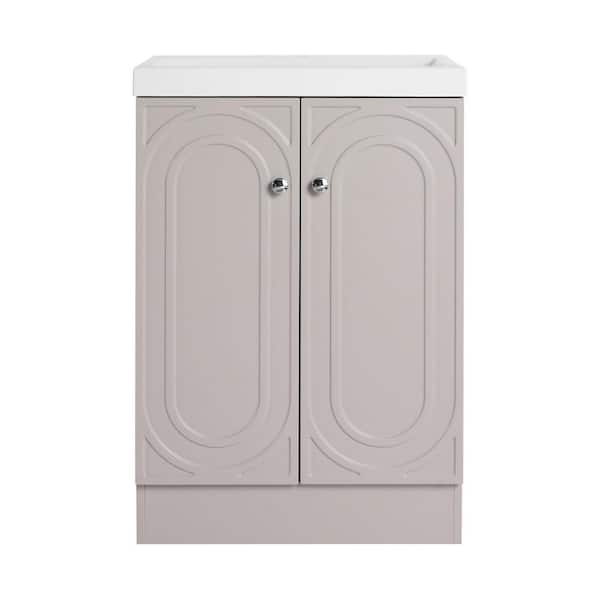 23.6 in. Single Sink Freestanding Khaki Bath Vanity with White Resin Top and 2-Door Storage Cabinet Unassembled