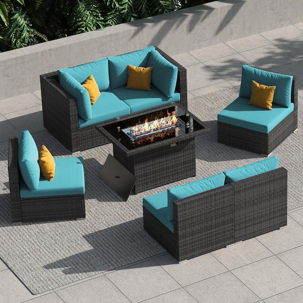 Unbranded High Back Gray 7-Piece Wicker Patio Conversation Sectional Deep Seating Set with Fire Pit Table and Teal Cushions