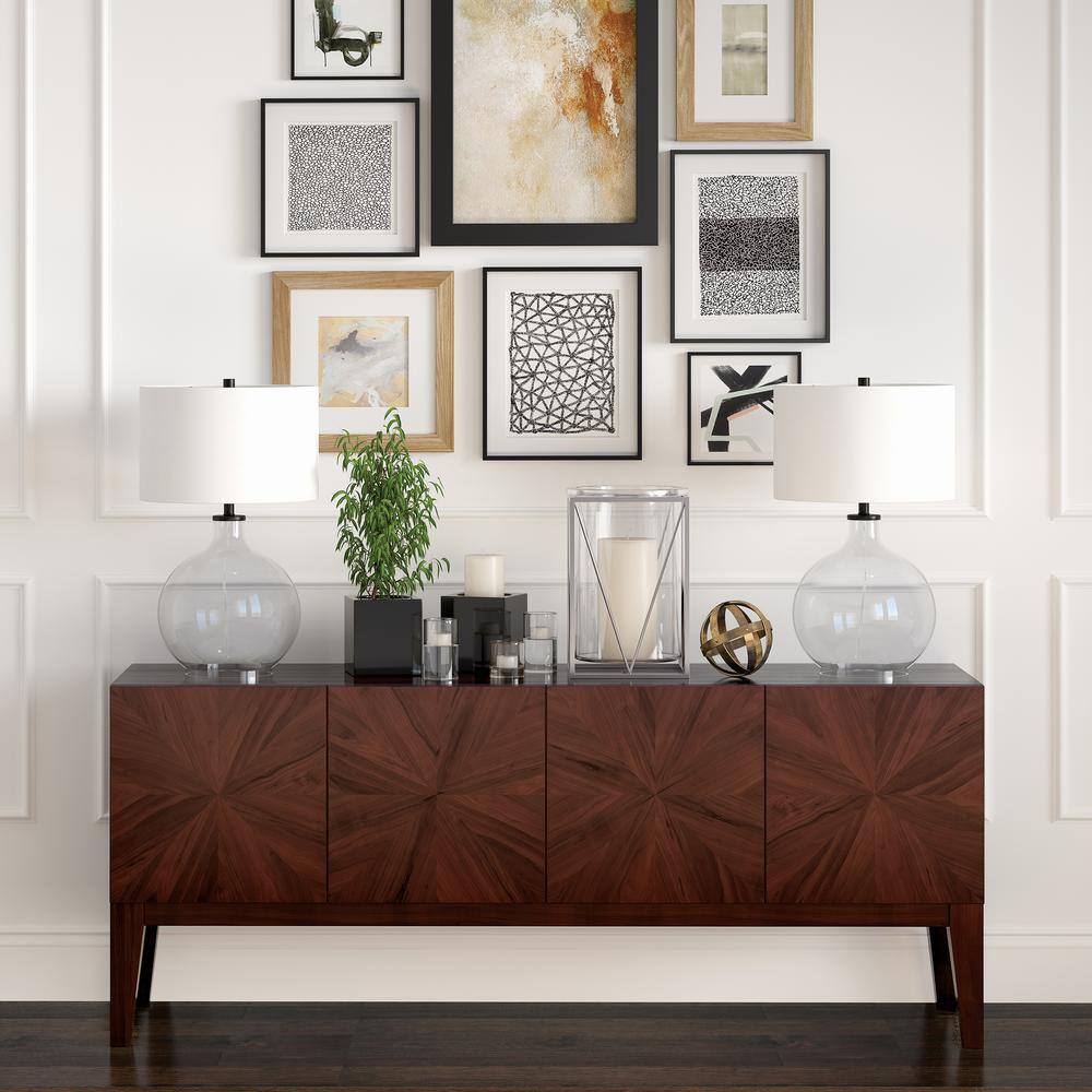 Clear Glass Nightstand Lamp with Bronze Accents and Linen Shade