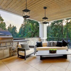 Modern Coastal Black Square Outdoor Pendant 1-Light Hanging Lantern with Clear Glass Shade for Covered Porch Gazebo