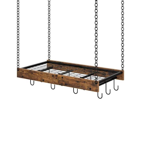 Rustic Brown Ceiling Mounted Hanging Pot Rack with 12 S-Shaped Hooks for Kitchen Cookware Storage