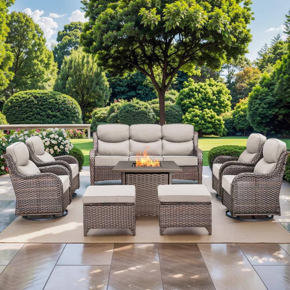NovaSwivel 8-Piece Brown Wicker Patio Conversation Set Outdoor Fire Pit Set. Swivel Rocking Chairs with Beige Cushions price history on PriceWatchPro